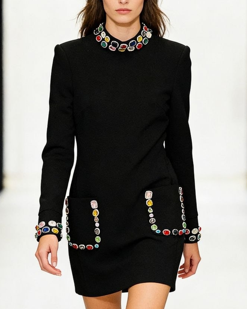 Black Long-Sleeve Jewel-Trim Shift Dress